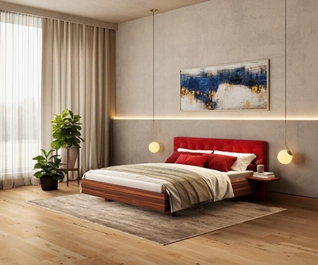 Hüsler Nest Polsterbett Onira mit Bettrahmen in Massivholz Nussbaum und Polsterkopfteil in Wolle Rot Novum Heart